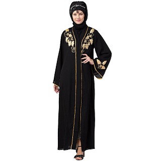 Front open abaya with embroidery work- Black-golden